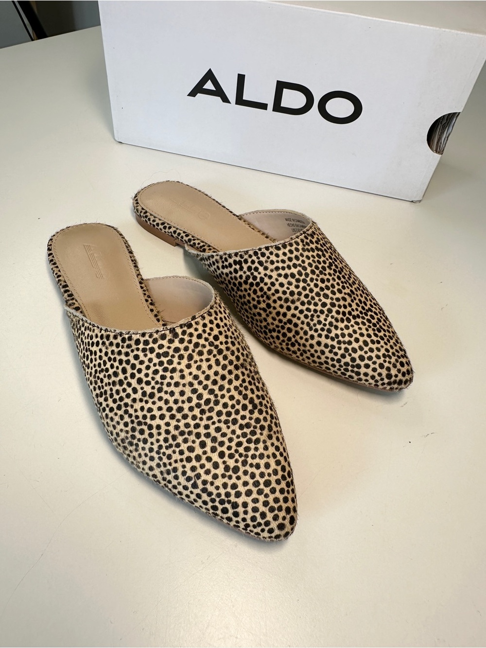 ALDO Beige and Black Spotted Pointed-Toe Slip-On Calf Hair Mules 5 35